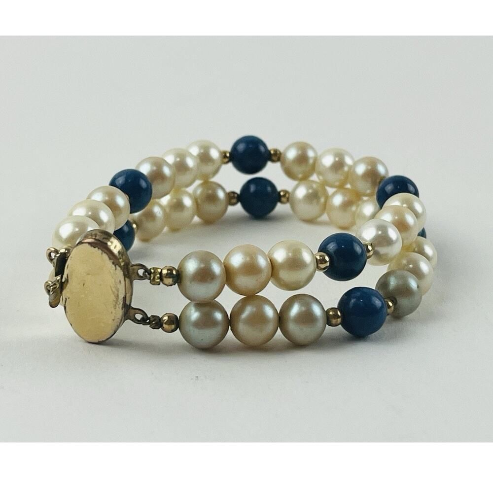 VINTAGE 14K GF Gold Filled Faux Pearl & Lapis Lazuli Beaded Bracelet 2 Strand do